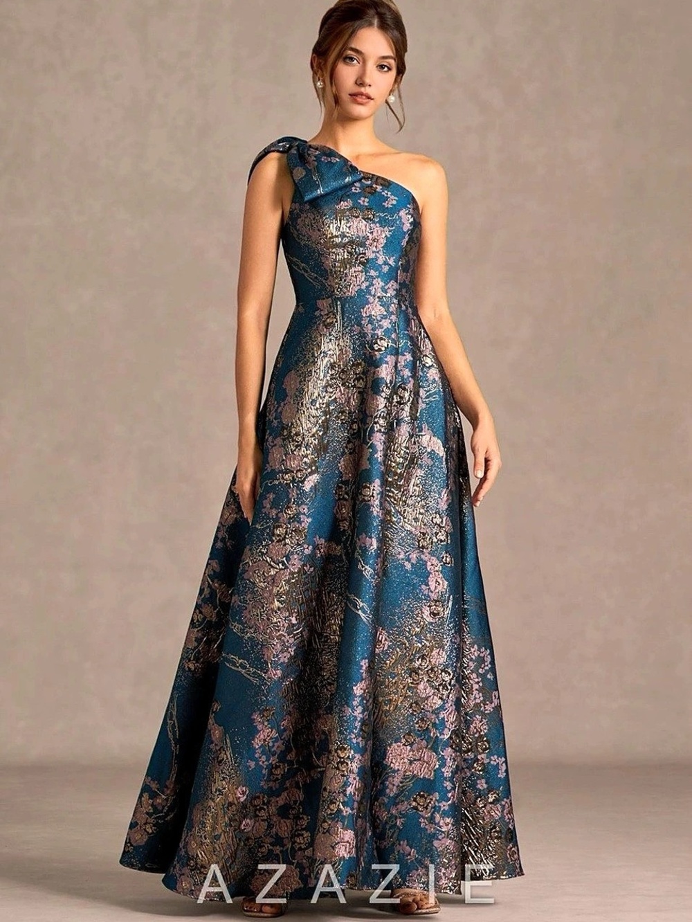 Azazie Jonelle Maxi Dress Floral One-Shoulder Blue & Brown